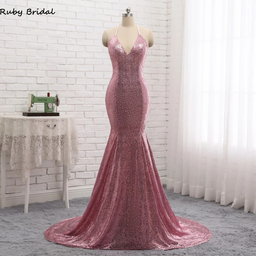 Женское вечернее платье с открытой спиной Ruby Bridal розовое блестками и модель PW938