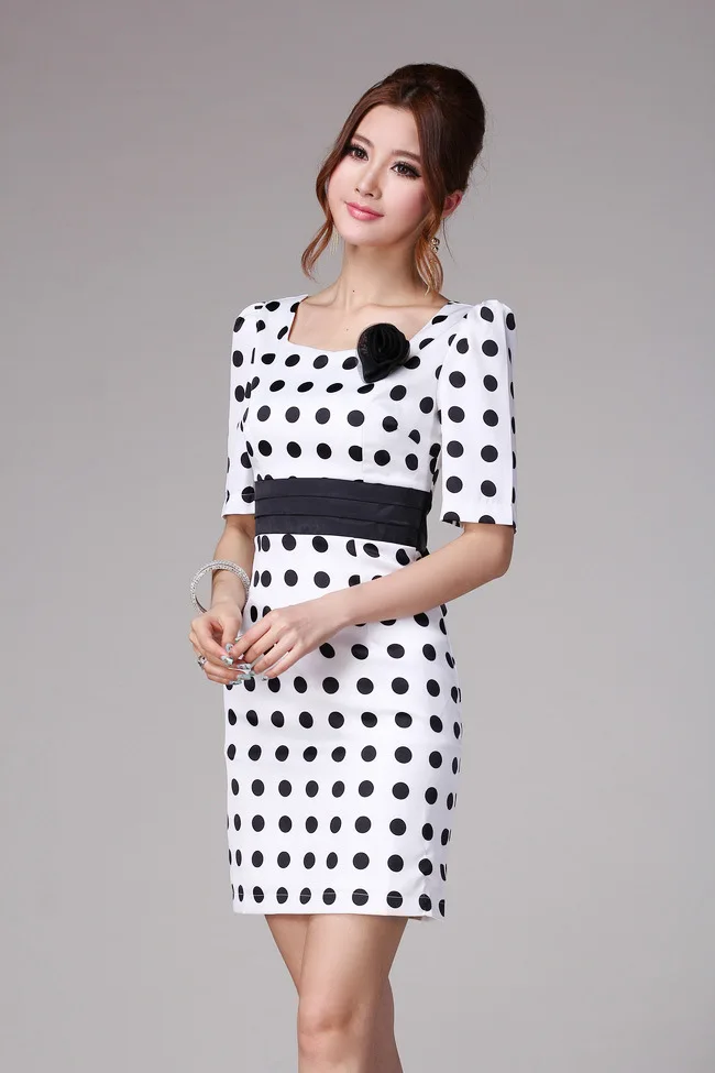 Europe Brand 2013 Career Autumn High Quality OL Style Ladies Large Dot Waistband Sleeve Slim Simple Dress Miniskirt | Женская одежда
