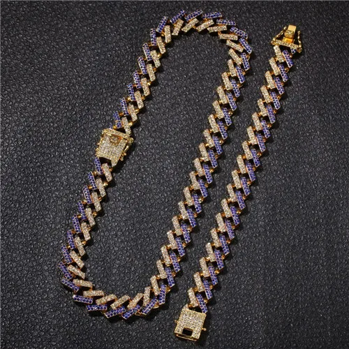 TBTK Мода Золото NE+ BA 15 мм Iced Out кубинская цепочка на шею и браслет 2 ряда зубец кристалла цинка Alloyl Ювелирные наборы унисекс - Окраска металла: Gold Blue Sets