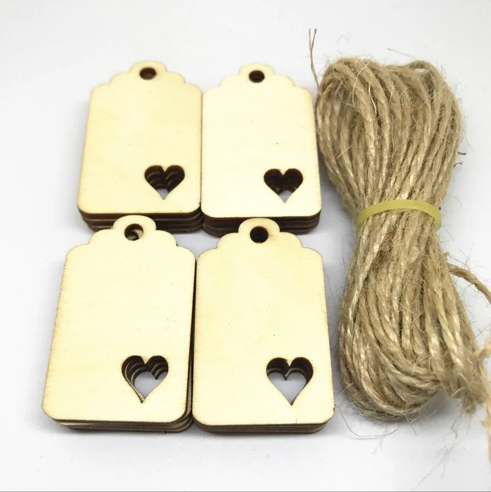 50pcs Blank Wood Luggage Tags Pendants Embellishments With Hearts for DIY Crafts Cardmaking Scrapbooking Natural Color 4x2.5cm