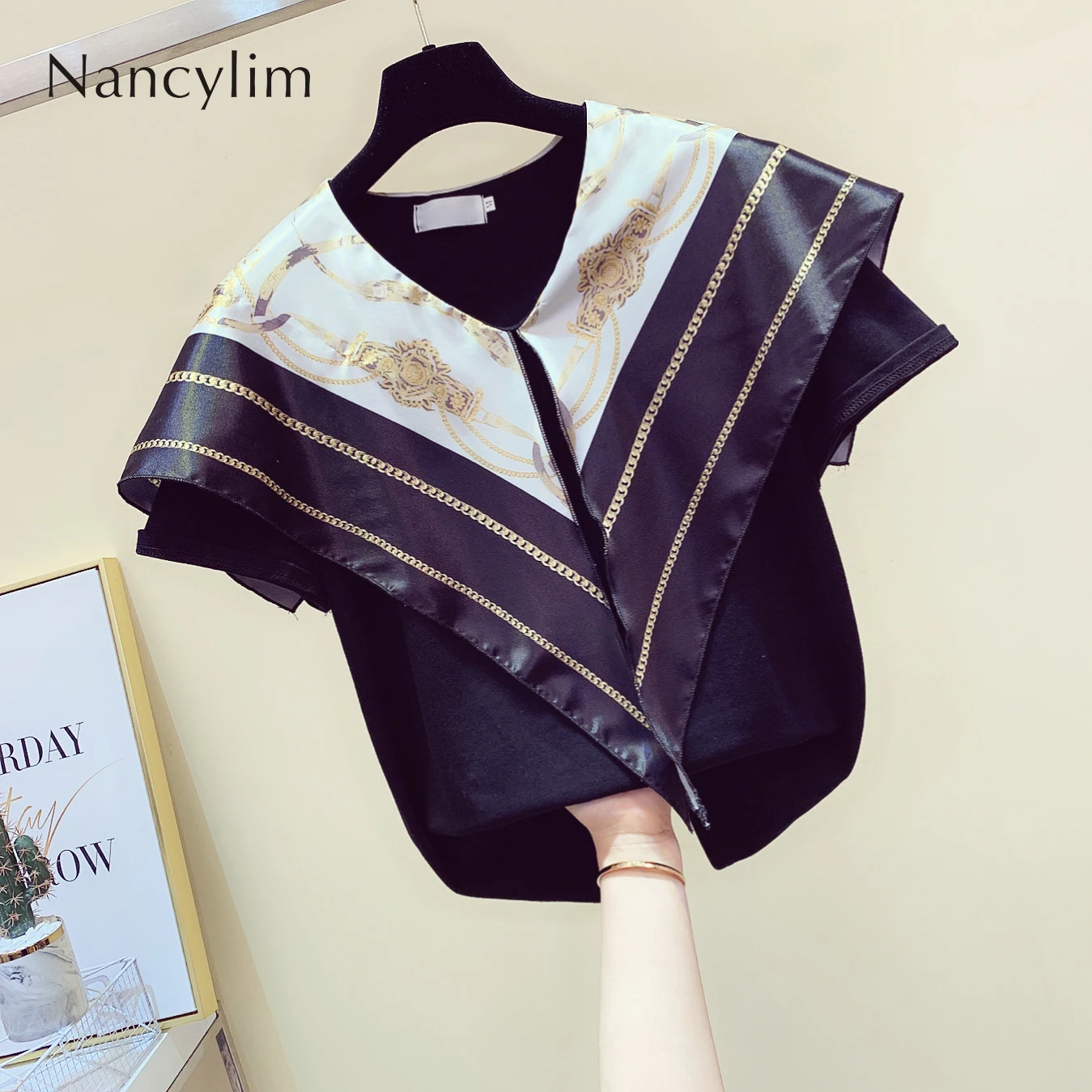 

Korean Style Scarf Stitching T-shirt for Women Summer Navy Lapel Blusas Female Lady Temperament Tops Tee