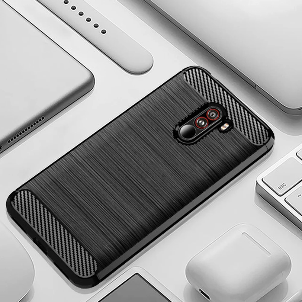 Для Xiaomi Pocophone F1 Дело Мягкие силиконовые ТПУ углеродного волокна Противоударный