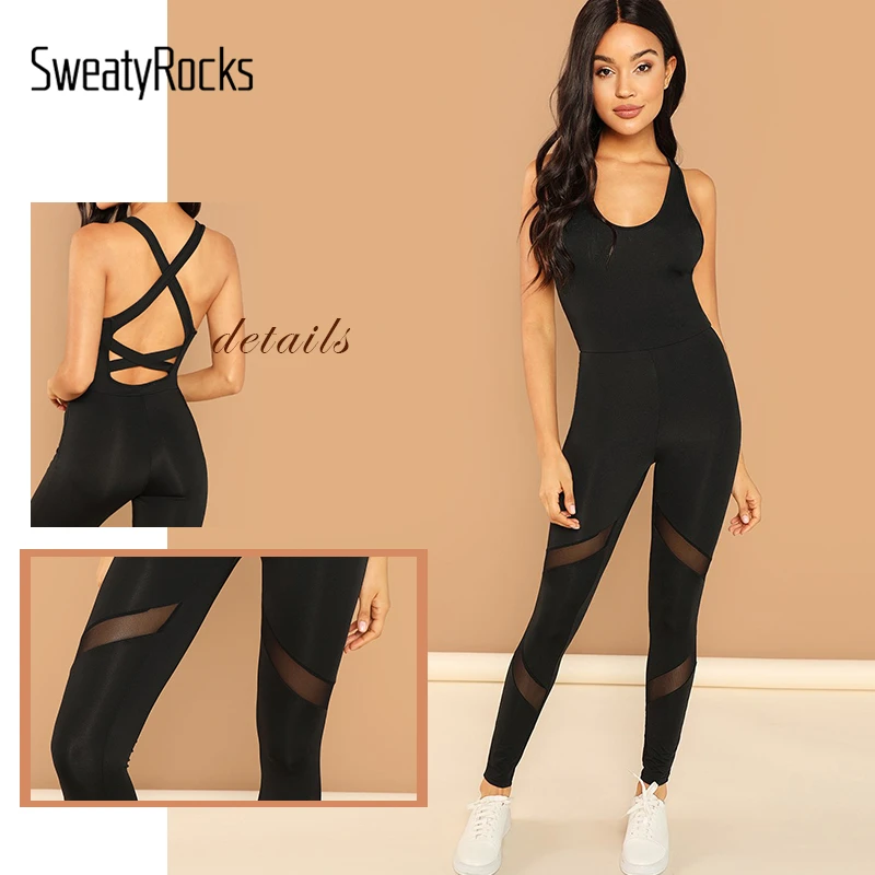 SweatyRocks, черный комбинезон с сетчатой вставкой, спортивная одежда, крест-накрест на спине, Макси комбинезон,, летний женский обтягивающий комбинезон