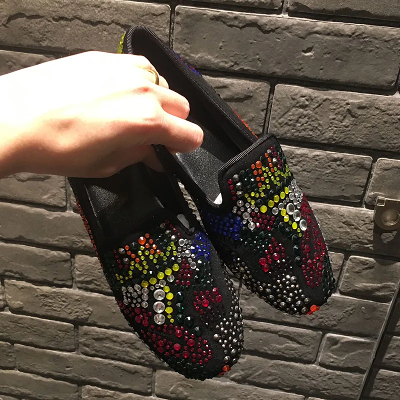 YUE JABON loafers shoes women luxury colorful crystal slip on platform casual shoes woman shinning bling solid flat heels shoes
