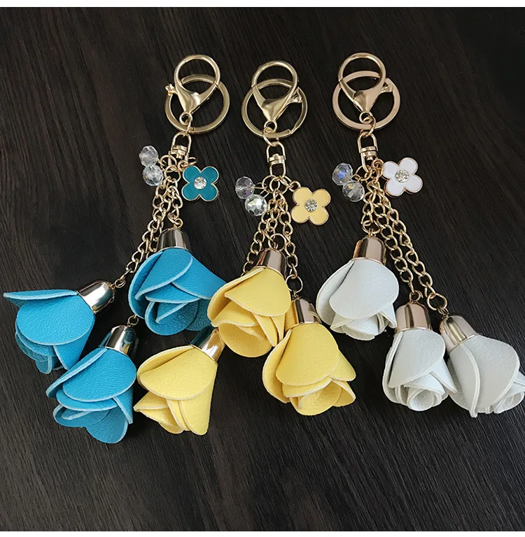 18colors charm leather rose flower key chains cute tassel keychains women keychain bag purse pendant jewelry | Украшения и