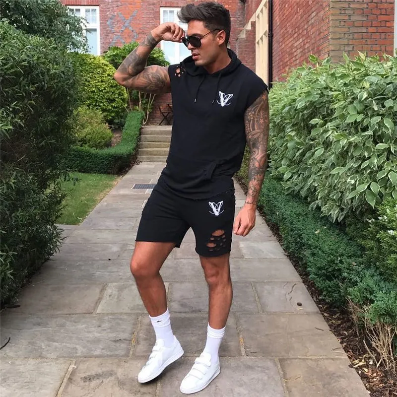 

GITF 2019 new Hip hop Hole men sports sets gym Running training suit male street clothing Running Fitness 2-piece sets men