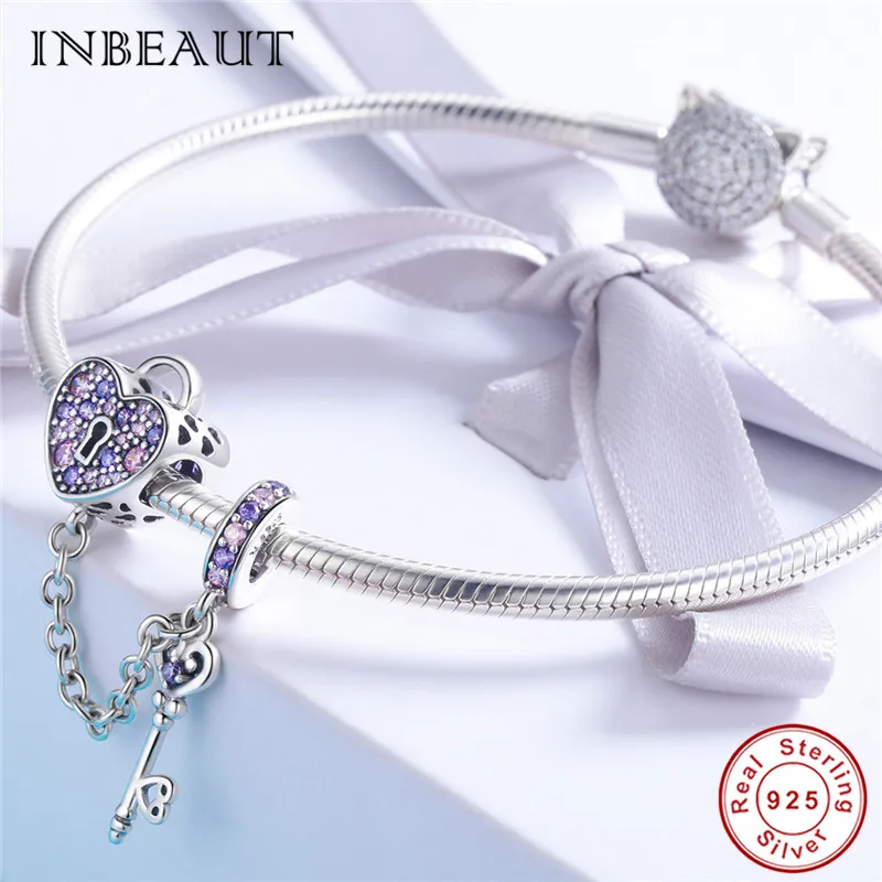INBEAUT Foerver Love 925 пробы Серебряная цепочка для ключей с сердцем розовый и фиолетовый
