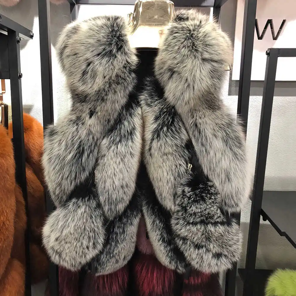 Black Frosted Модный стильный женский жилет из натурального Лисьего меха, Новое поступление, жилет из натурального меха на весну и зиму, женский жилет S7483 - Цвет: Black Frosted