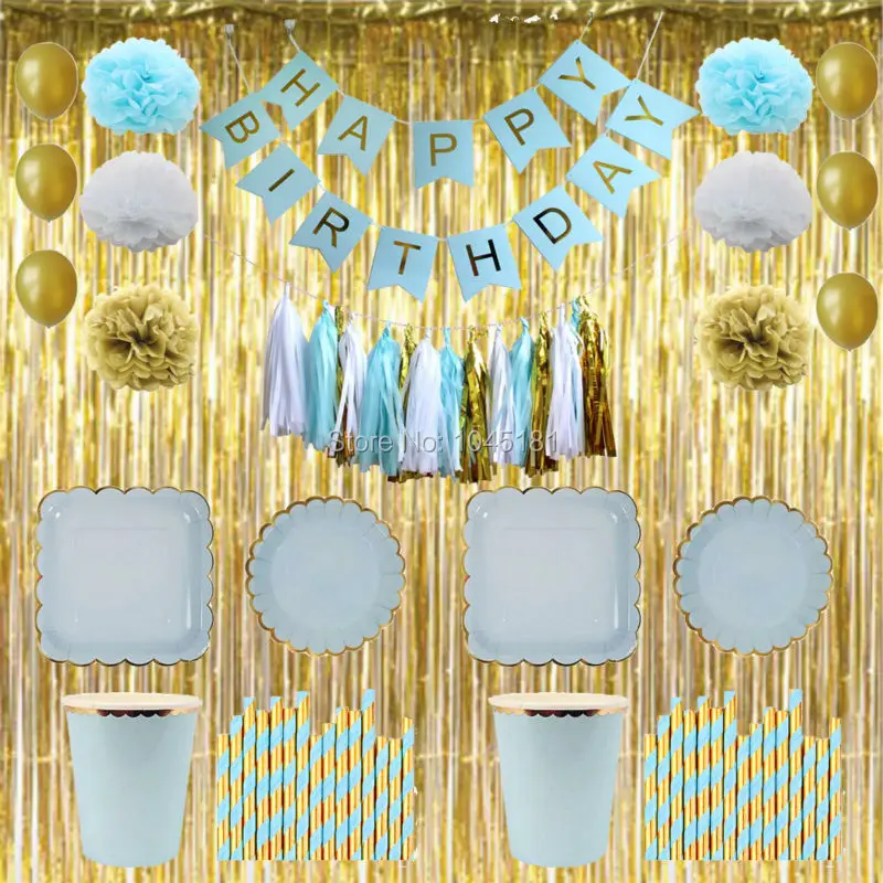 

Blue&Gold Boys Happy Birthday Banner Foil Fringe Curtain Tassel Garland Paper Pom Poms Paper Plates Cups Napkins for Decorations