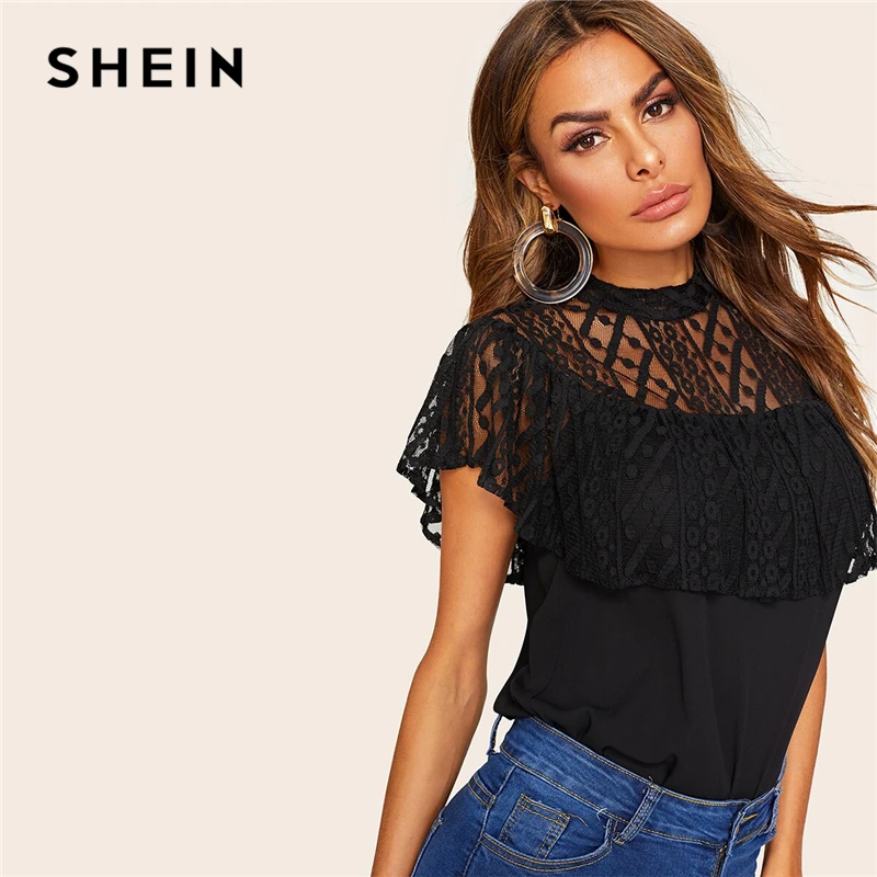 SHEIN Офисная Женская Черная кружевная блузка с рюшами, украшенная прозрачным топом, кружевная блузка, женские летние элегантные Однотонные блузки с рукавом-бабочкой