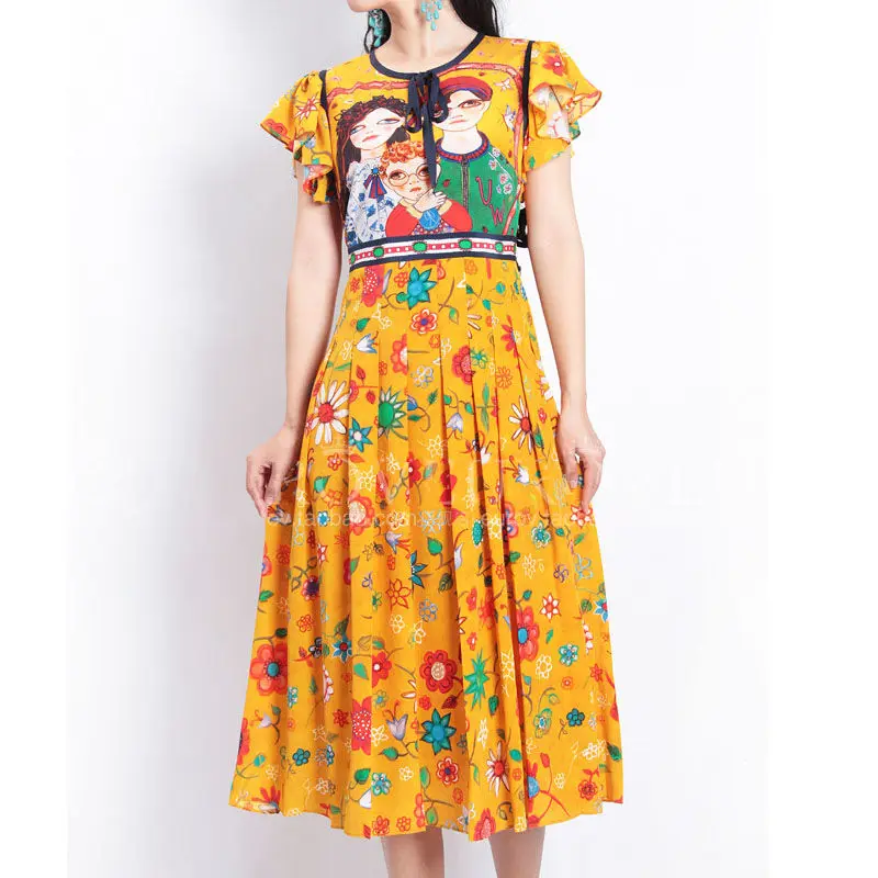 

Butterfly Sleeve designer dresses runway 2020 high quality cartoon character printing Knee-Length O neck Party Dress OM302