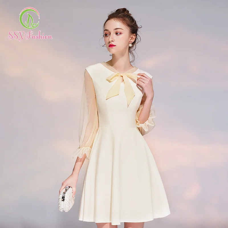 SSYfashion лук 3/4 рукава молния сзади длиной выше колена Мини Шампанское Элегантные