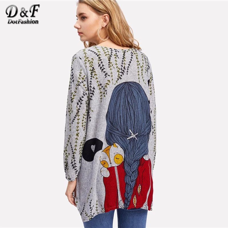 Dotfashion удлиненная футболка с мультяшным принтом на спине, Новое поступление, весенний женский топ с круглым вырезом и длинным рукавом, удлиненная футболка