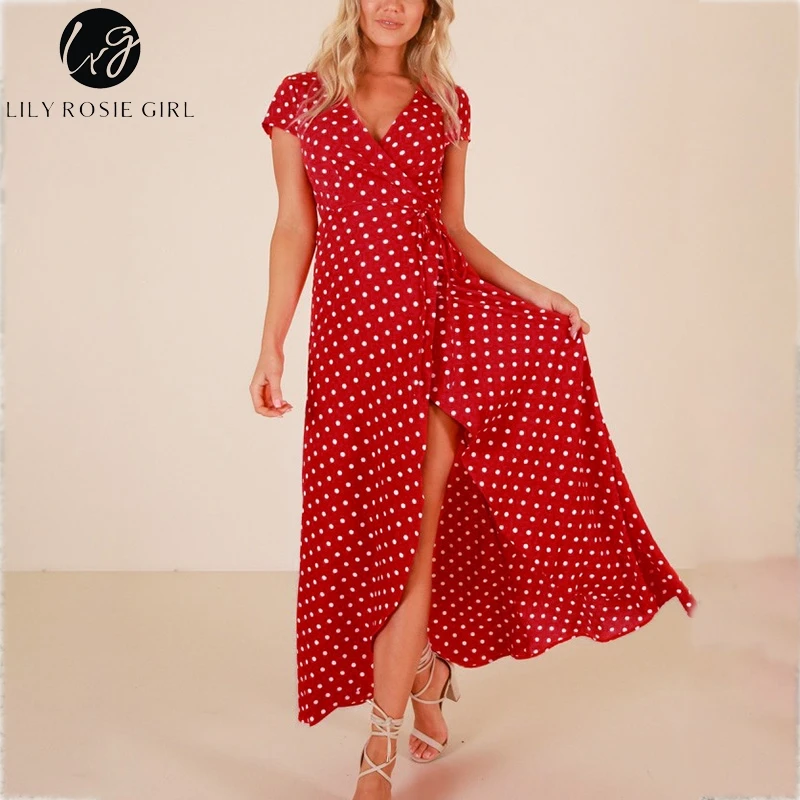 Lily Rosie Girl Длинное пляжное платье с v образным вырезом красное в горошек