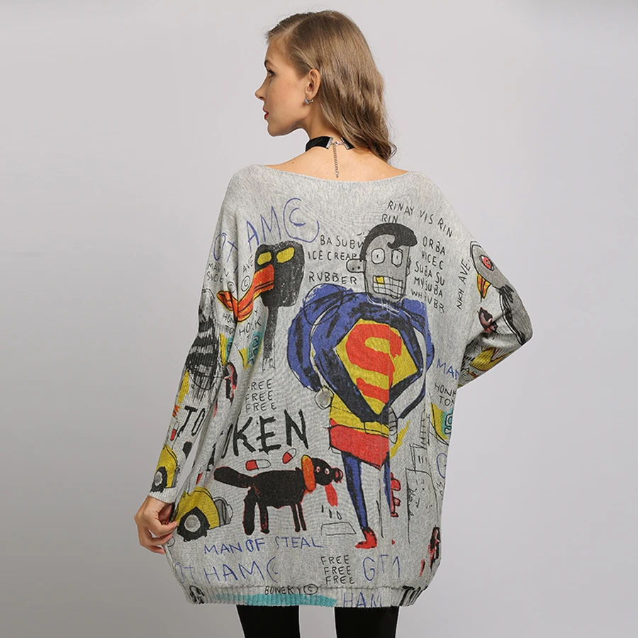 2019 Plus size Women Sweater Cartoon Printed Long Sleeve Tops O-Neck Lovely Pullovers Knitted Loose Sweaters Femel Knitwear | Женская