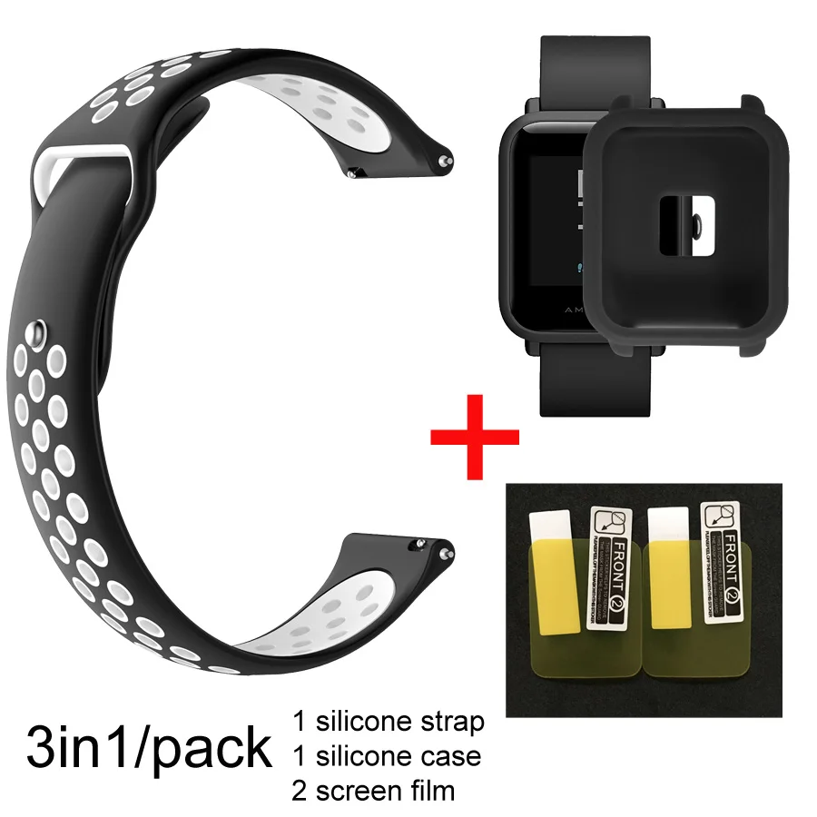 blackwhite-blackcase 3в1 ремешок для часов Huami Amazfit ремешок Bip для Amazfit Bip чехол силиконовый ремешок защитный чехол для экрана аксессуары - Цвет: blackwhite-blackcase