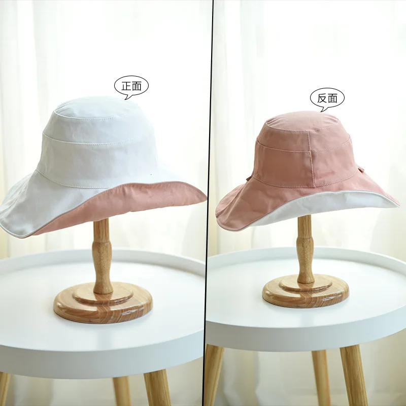 white and pink Женская весенне-летняя солнцезащитная Кепка, женская шляпа рыбака, хлопковая Панама, двухсторонняя одежда, большой пляжный навес, Кепка - Цвет: white and pink