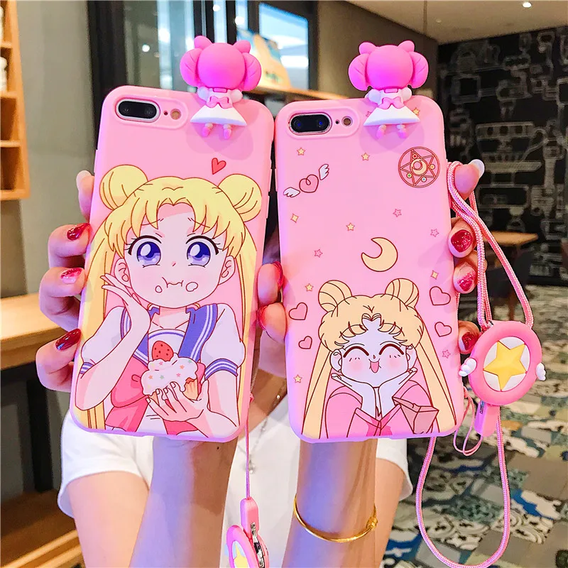 cute Cartoon Hanging neck rope doll Sailor Moon pink Mobile Phone Case for iphone 11 pro 6 6plus 7 8 plus X XR XS MAX case Capa |