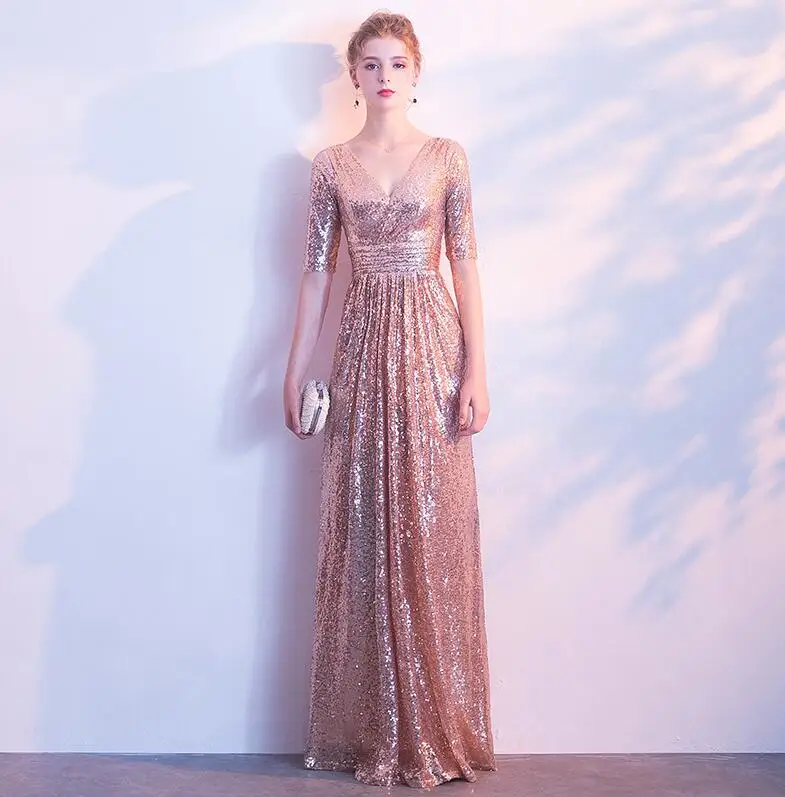 Rose Gold JaneVini блестящее розовое золото с блестками, Платья для подружек невесты с рукавами Элегантный v-образный вырез длинное свадебное вечернее платье женские вечерние платья - Цвет: Rose Gold