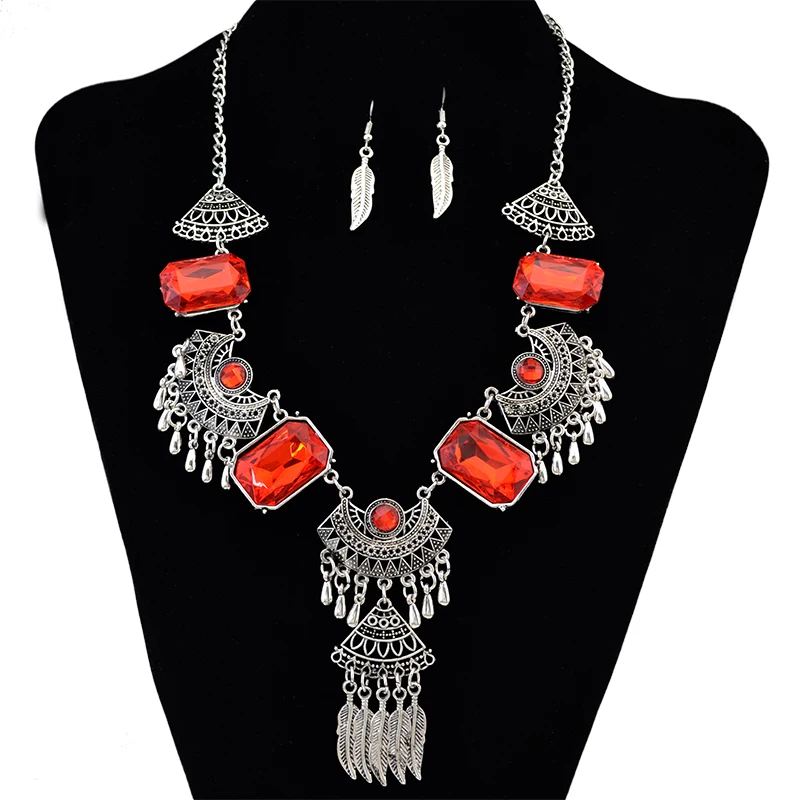 2016 чешский листья ожерелье серьги ювелирные комплект античная кристалл Tassl