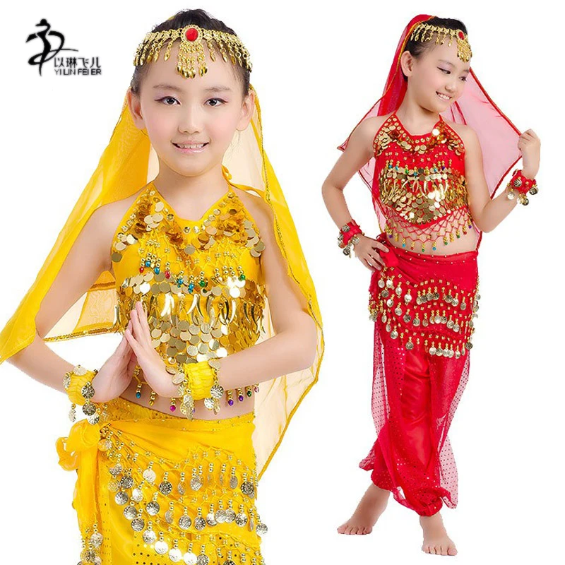Индийский костюм детский топ для танца живота шифон бусы монеты bellydance пояс