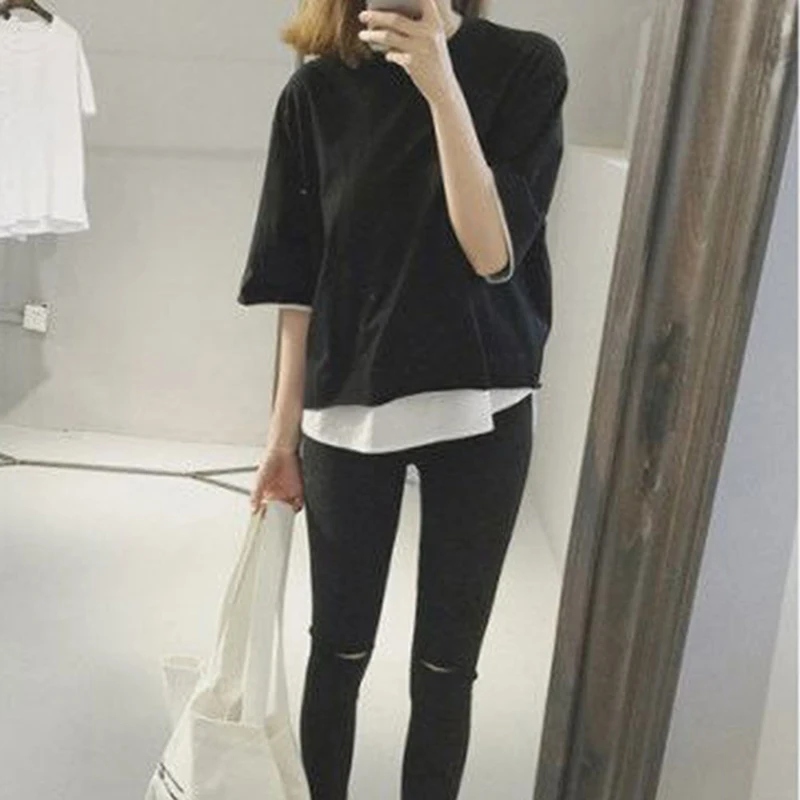 Новинка 2019 женская футболка с короткими рукавами летняя свободная Однотонная