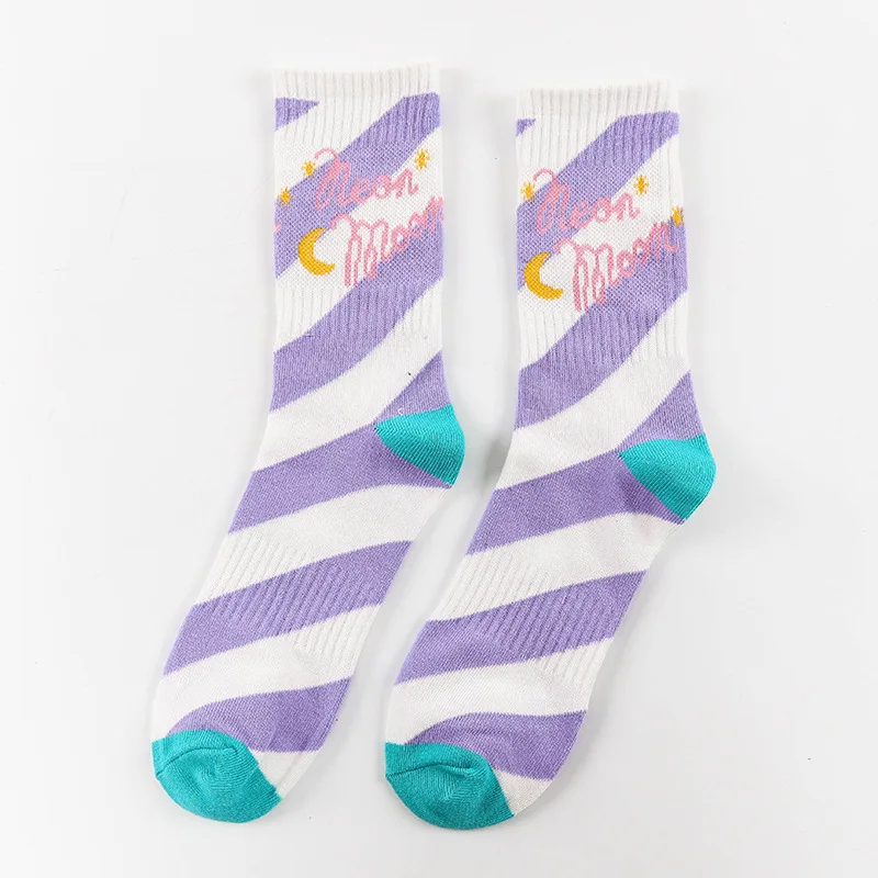 striped moon socks Крутые хип-хоп женские лунные фиолетовые полосатые кокосовые пальмы хлопковые носки забавная Новинка узор фанки ретро старая школа Harajuku белый - Цвет: striped moon socks