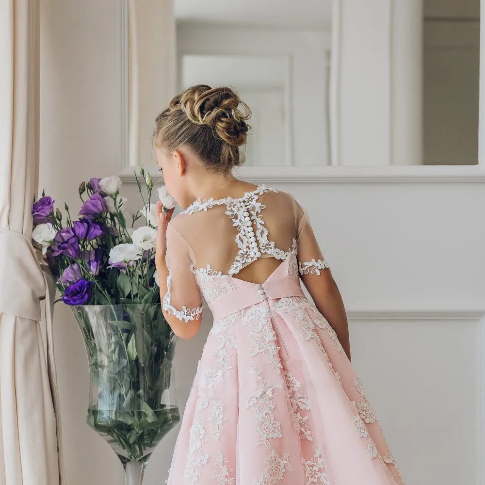Pink Prince Slim-line Delicate Lace Flower Girl Dress Knee Length Bowknot Short Sleeves A Line High Quality Party Evening | Свадьбы и