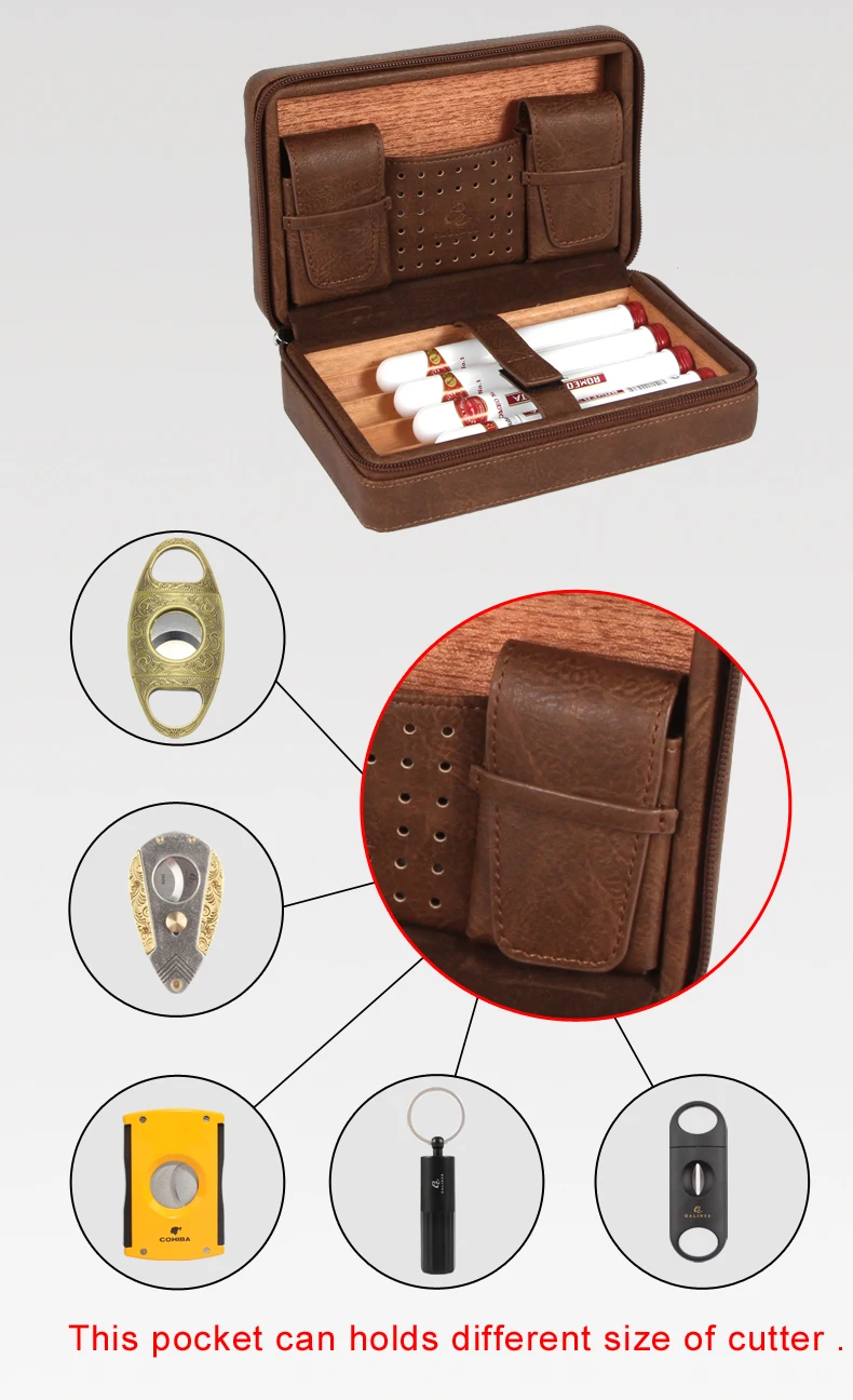 GALINER Leather Cigar Humidor Travel Cedar Wood Cigar Case 4 Tube Holder Sigaar Box For COHIBA Cuba Cigars Outdoor Humidor Box
