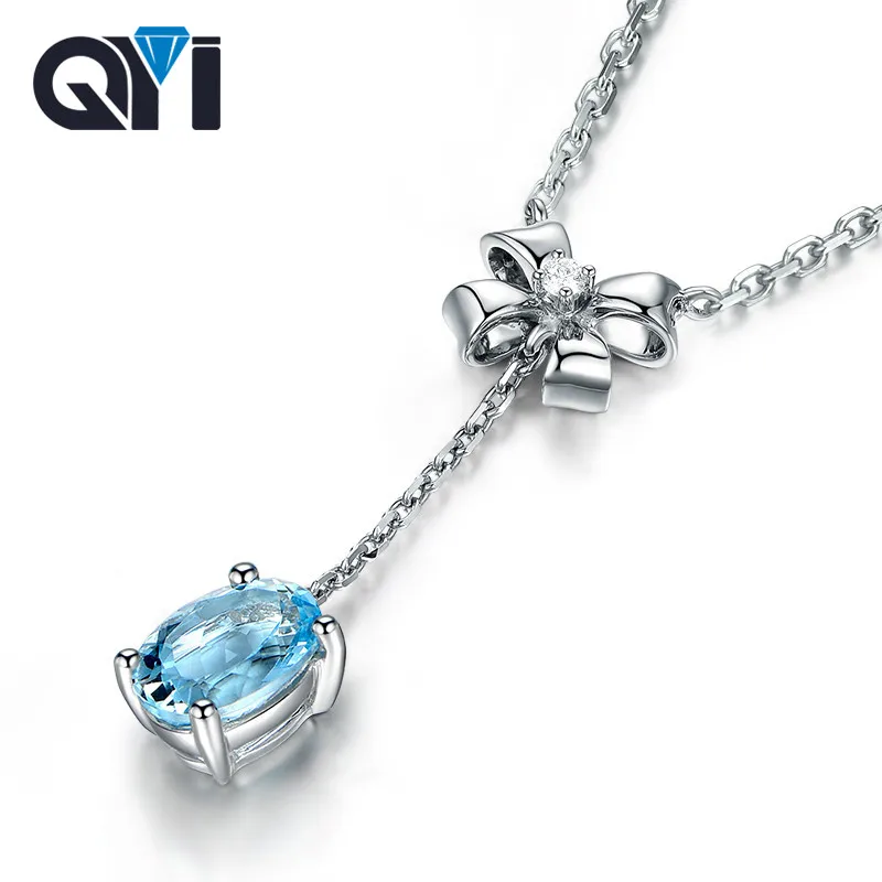 

QYI Natural sky Blue Topaz 1.5 ct Oval cut Gemstone Pendants 925 Sterling Silver Necklaces For Women Color Gems Wedding gift
