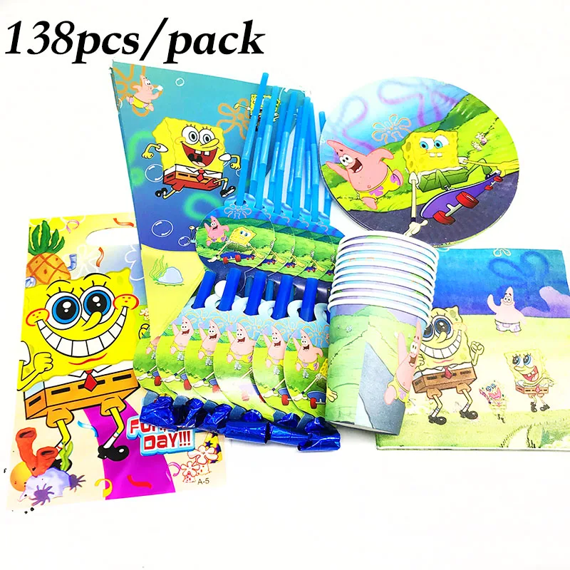 138 шт Губка Боб одноразовые тарелки салфетки для стаканчиков тема набор посуды