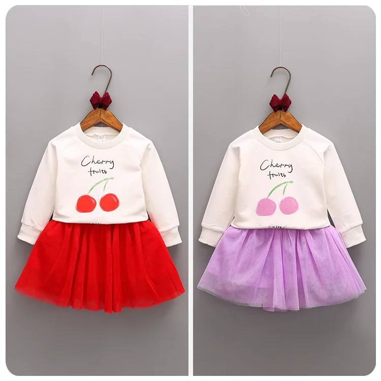 2016 Girl Children's Garment Autumn 2 Pieces Set Cherry Sweater Base Bottoming Unlined Upper Garment Jacket Half-body Skirt Suit