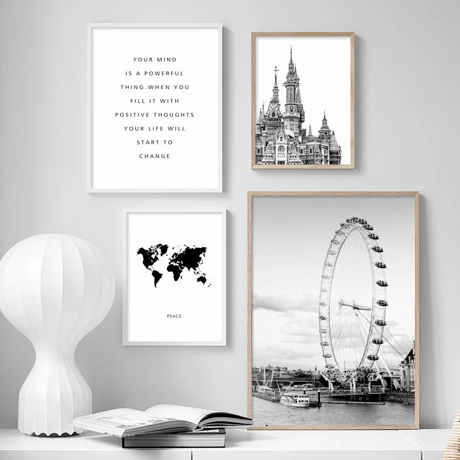 Черно-белая карта мира колесо обозрения замок настенная живопись на холсте