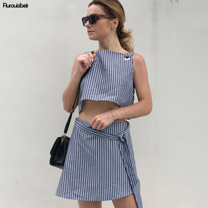 Женский комплект из двух предметов рубашка и юбка в полоску укороченный топ мини