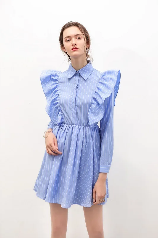 Летние женские синий платье в полоску с оборками|dresses with ruffles|dress withstriped dress |