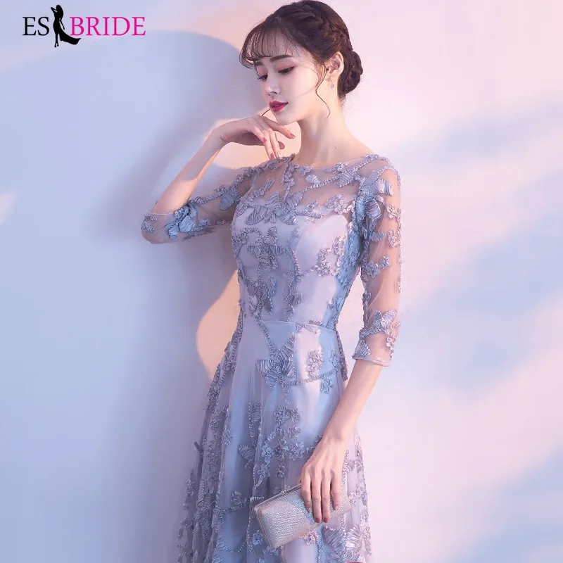2019 New arrival Women Elegant Evening Dresses Round Collar Printing Tulle Short Sleeve Grey Casual Party Dress ES1221 | Свадьбы и