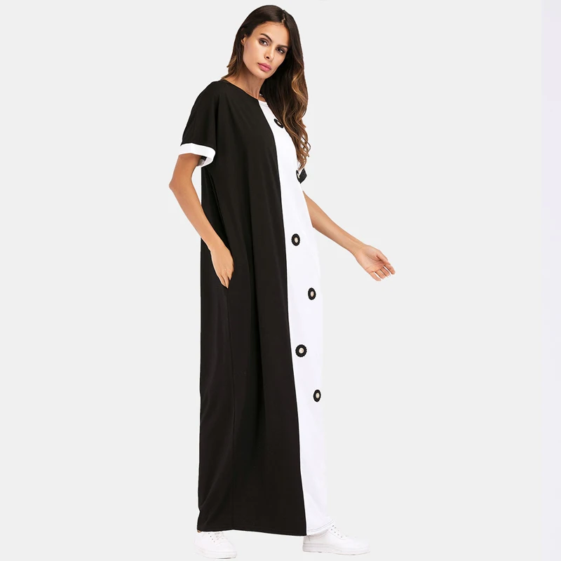 2018 Summer Women Fashion O-Neck Short Sleeved Contrast Color Abaya Gown Muslim Party Long Dress Middle East Casual Loose Robes | Женская