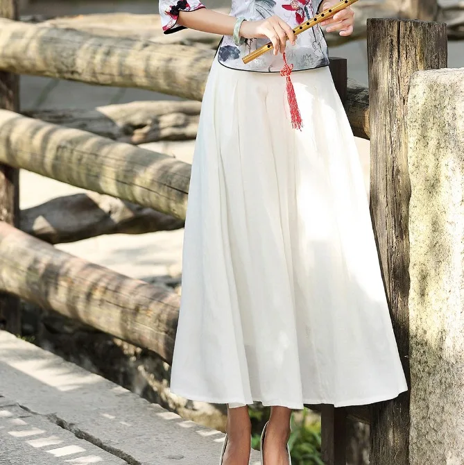 white skirt Женский китайский Топ Cheongsam, блузка из хлопка с вышивкой сливы, 7 точек, рукав Tang 4XL размера плюс - Цвет: white skirt