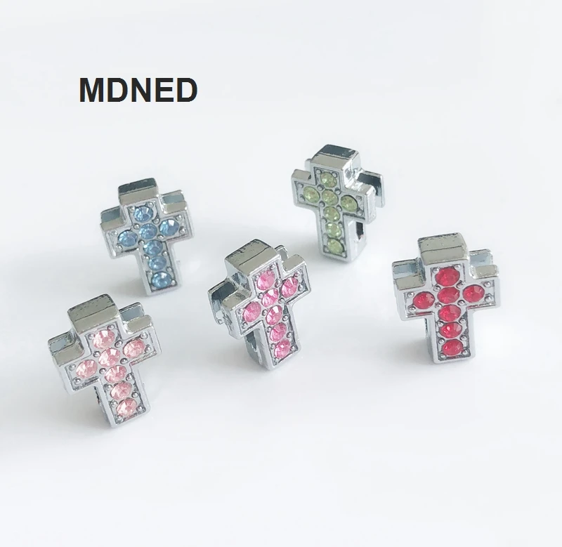

Free Shipping, 10PCS 8MM Mixed Color Rhinestone Cross Slide Charms Beads DIY Accessories Fit 8mm Wristbands, Belts