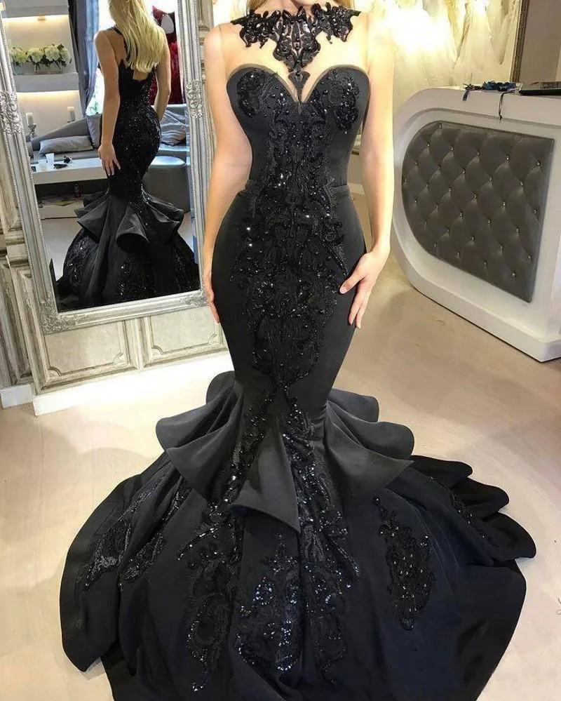 

New Black Long Evening Dresses Beaded Appliqued Cascading Ruffled Mermaid Formal dress Court Train Backless Party dress
