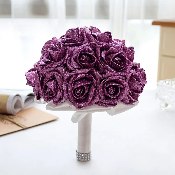 Purple Блестящий цветок пены Свадебные букеты хрустальные розы цветы Свадебные букеты ручной работы подружки невесты Свадебные аксессуары de mariage - Цвет: Purple