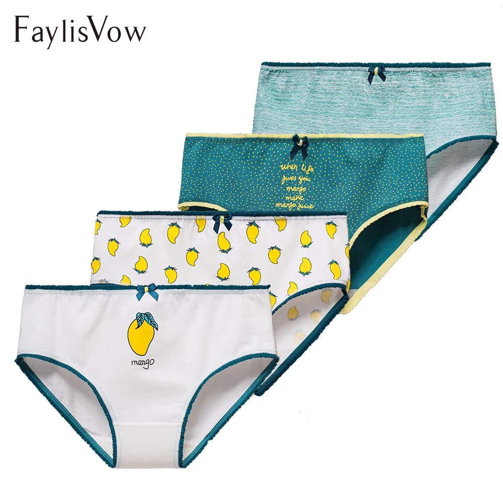 4Pcs/Lot Bow Low Rise Soft Cotton Brief Girls Summer Cute Mango Printed Underwear Women Sexy Lingerie Intimates Panties | Женская одежда