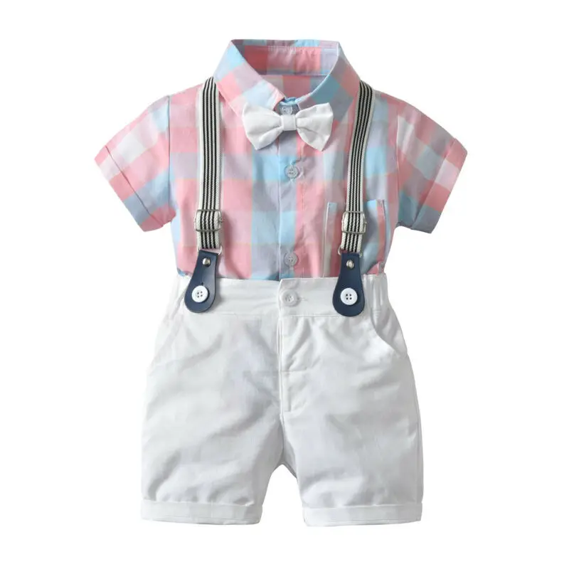 

2pcs Toddler Kids Baby Boy Plaid Gentleman Outfit Clothes Grid short sleeve Romper shirt Top+white Shorts Set