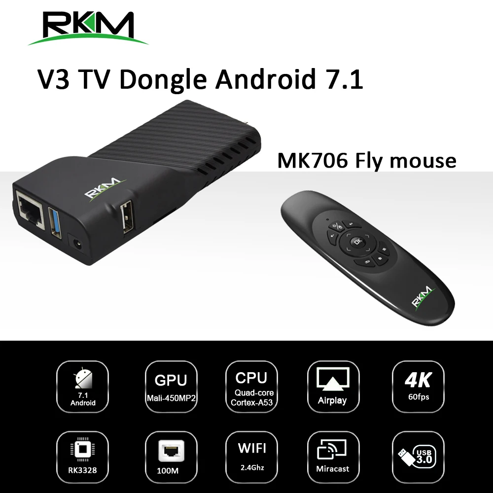 ТВ приставка Android 7 1 RK3328 Rockchip TV Stick 2 Гб 16 4G WIFI 100M медиаплеер и fly mouse RKM V3 + MK706|stick tv