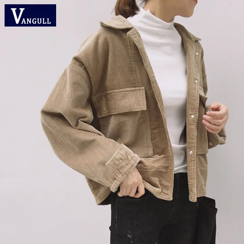 Khaki Autumn Corduroy Jacket Women Vintage Coats New Female Casual Long Sleeve Jackets Ladies Cardigan Black Winter Clothing Girls - Color: Khaki