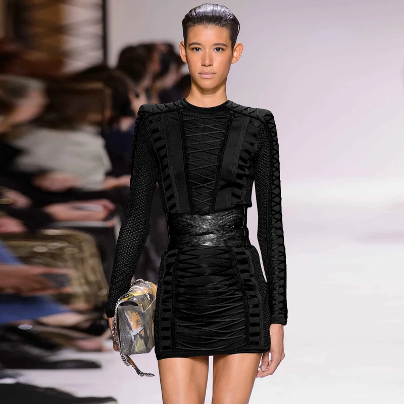 Bqueen 2019 женское сексуальное Бандажное однотонное черное платье с длинным рукавом
