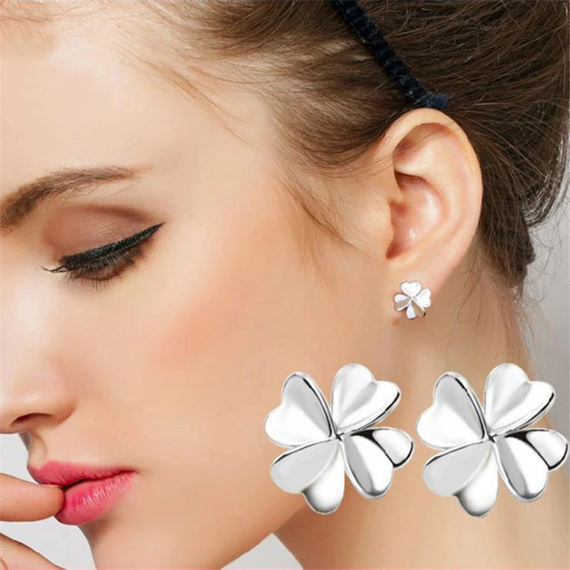 

KOFSAC New Fashion Lucky Four Clover Earring 925 Sterling Silver Stud Earrings for Women Party Jewelry Girl Best Gift brincos