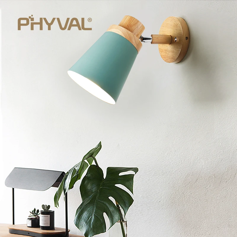 wooden wall lights bedside lamp sconce modern light for bedroom Nordic macaroon 6 color steering head E27 85-285V | Лампы и освещение