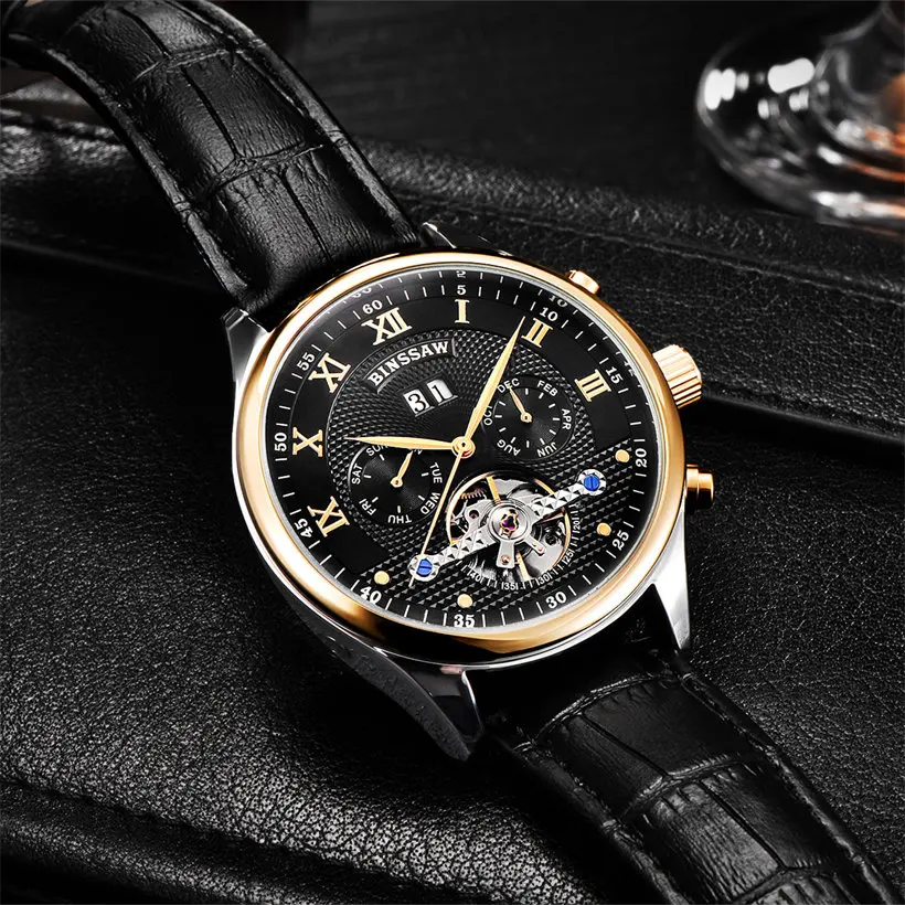 BINSSAW модные роскошные брендовые кожаные часы Tourbillon Автоматические Мужские