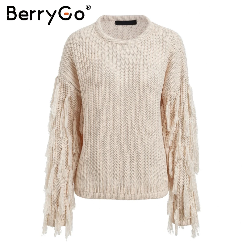 BerryGo Vintage tassel o neck sweater women Streetwear long sleeve winter jumpers 2018 Army green pullover femme jumper | Женская одежда